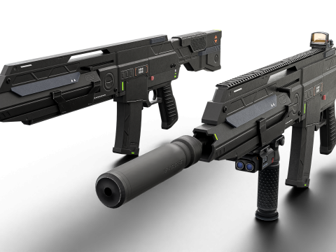 Futuristic Silent Assault Rifle High-Tech Sci-Fi Weapon with Suppressor- Scope Tactical Add-ons Modèle 3D
