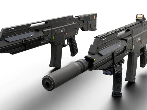 Futuristic Silent Assault Rifle High-Tech Sci-Fi Weapon with Suppressor- Scope Tactical Add-ons 3D Model