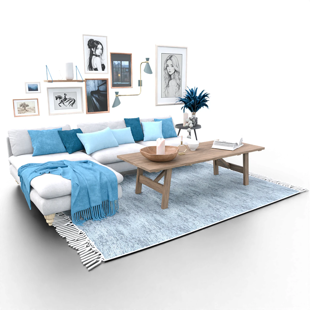 Scandinavian-Inspired Living Room Scene with Blue Accents and Wall Art 3D Model .c4d .max .obj .3ds .fbx .stl .blend 
