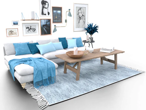 Scena di soggiorno di ispirazione scandinava con accenti blu e decorazioni murali Modello 3D