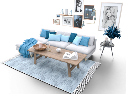 Scandinavian-Inspired Living Room Scene with Blue Accents and Wall Art Modello 3D