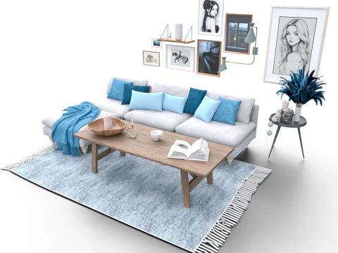 Scandinavian-Inspired Living Room Scene with Blue Accents and Wall Art 3D Model
