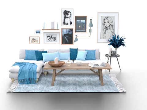 Scandinavian-Inspired Living Room Scene with Blue Accents and Wall Art Modello 3D