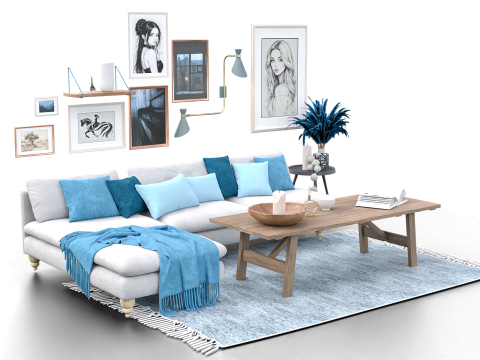 Scandinavian-Inspired Living Room Scene with Blue Accents and Wall Art Modello 3D