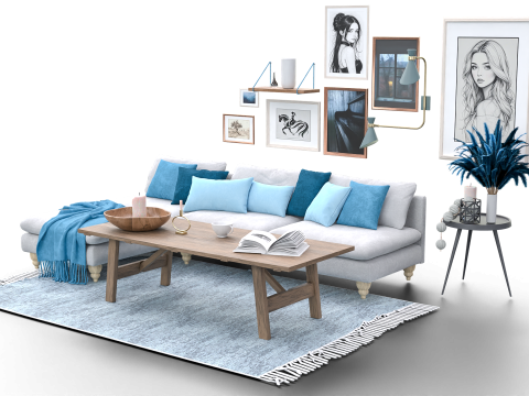 Scandinavian-Inspired Living Room Scene with Blue Accents and Wall Art Modello 3D