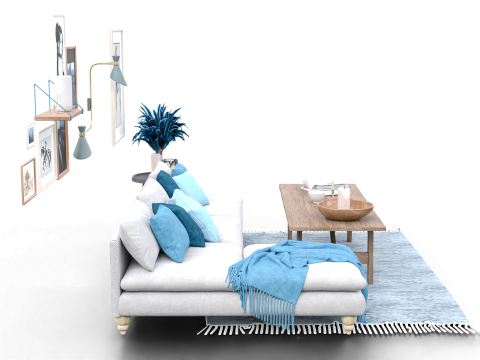 Scandinavian-Inspired Living Room Scene with Blue Accents and Wall Art Modello 3D