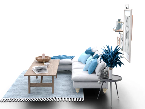 Scandinavian-Inspired Living Room Scene with Blue Accents and Wall Art 3D Model