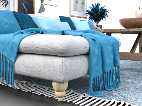 Scandinavian-Inspired Living Room Scene with Blue Accents and Wall Art Modello 3D