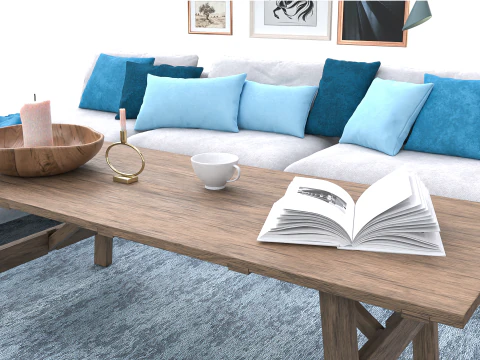 Scandinavian-Inspired Living Room Scene with Blue Accents and Wall Art 3D Model