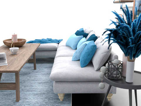 Scandinavian-Inspired Living Room Scene with Blue Accents and Wall Art 3D Model