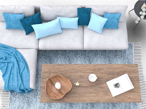 Scandinavian-Inspired Living Room Scene with Blue Accents and Wall Art Modello 3D