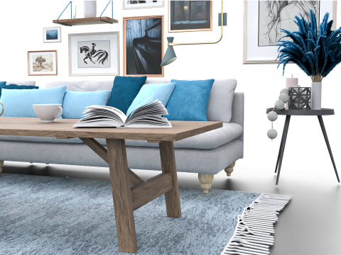 Scandinavian-Inspired Living Room Scene with Blue Accents and Wall Art Modello 3D