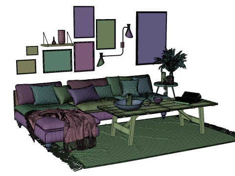 Scandinavian-Inspired Living Room Scene with Blue Accents and Wall Art 3D Model