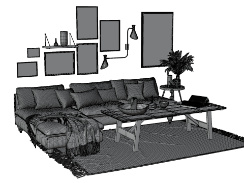 Scandinavian-Inspired Living Room Scene with Blue Accents and Wall Art Modello 3D