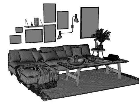 Scandinavian-Inspired Living Room Scene with Blue Accents and Wall Art 3D Model