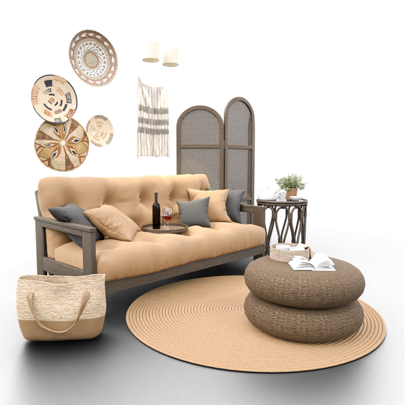 Cozy Boho-Style Living Room Scene with Divider and Natural Accents 3D मॉडल .c4d .max .obj .3ds .fbx .stl .blend 