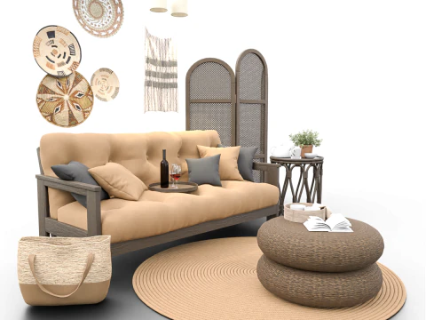 Gem&uuml;tliche Wohnzimmerszene im Boho-Stil mit Trennwand und nat&uuml;rlichen Akzenten 3D Modell