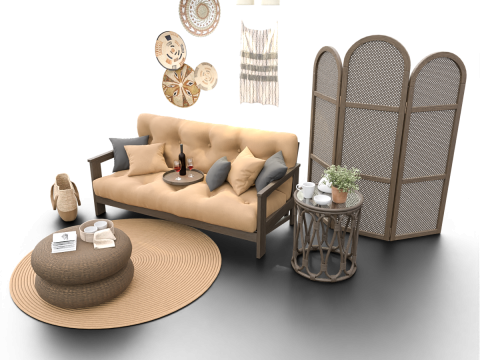 Cozy Boho-Style Living Room Scene with Divider and Natural Accents 3D मॉडल