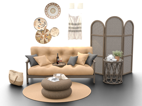 Cozy Boho-Style Living Room Scene with Divider and Natural Accents 3D मॉडल
