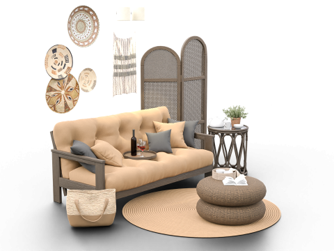 Cozy Boho-Style Living Room Scene with Divider and Natural Accents 3D मॉडल