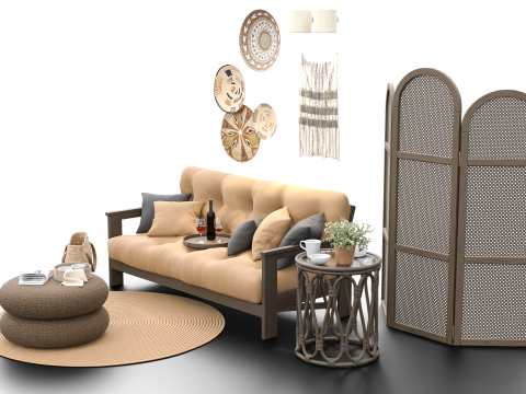 Cozy Boho-Style Living Room Scene with Divider and Natural Accents 3D मॉडल