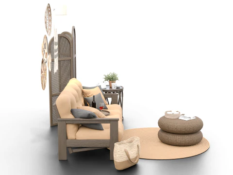 Cozy Boho-Style Living Room Scene with Divider and Natural Accents 3D Model