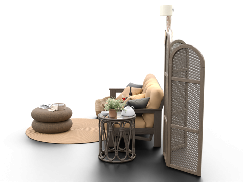 Cozy Boho-Style Living Room Scene with Divider and Natural Accents 3D मॉडल
