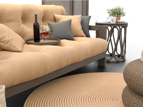 Cozy Boho-Style Living Room Scene with Divider and Natural Accents 3D मॉडल