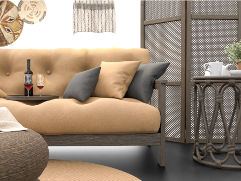 Cozy Boho-Style Living Room Scene with Divider and Natural Accents 3D मॉडल