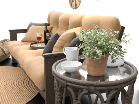 Cozy Boho-Style Living Room Scene with Divider and Natural Accents 3D मॉडल