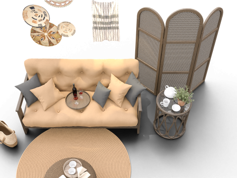 Cozy Boho-Style Living Room Scene with Divider and Natural Accents 3D मॉडल