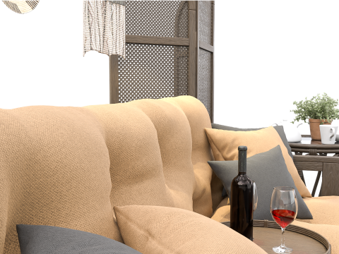 Cozy Boho-Style Living Room Scene with Divider and Natural Accents 3D मॉडल