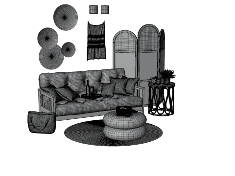 Cozy Boho-Style Living Room Scene with Divider and Natural Accents 3D मॉडल