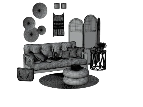 Cozy Boho-Style Living Room Scene with Divider and Natural Accents 3D Model