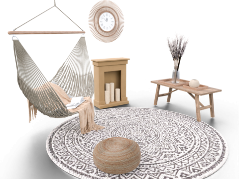 Bohemian Hammock Nook Scene with Fireplace and Natural Decor 3D Model