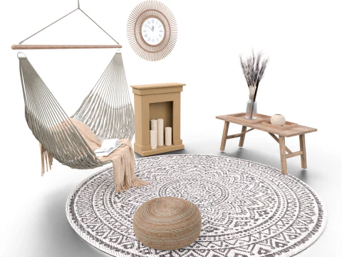 चिमनी और प्राकृतिक सजावट के साथ बोहेमियन झूला नुक्कड़ दृश्य 3D मॉडल