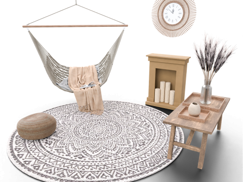 Bohemian Hammock Nook Scene with Fireplace and Natural Decor Modello 3D