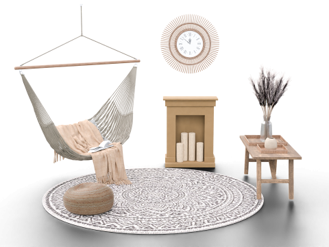 Bohemian Hammock Nook Scene with Fireplace and Natural Decor Modello 3D