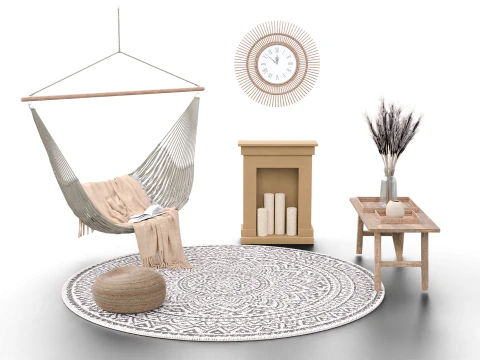 Bohemian Hammock Nook Scene with Fireplace and Natural Decor 3D Model