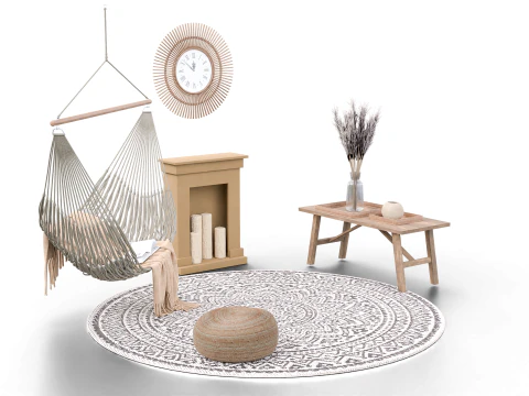 Bohemian Hammock Nook Scene with Fireplace and Natural Decor 3D Model