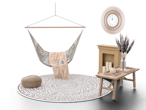 Bohemian Hammock Nook Scene with Fireplace and Natural Decor Modello 3D
