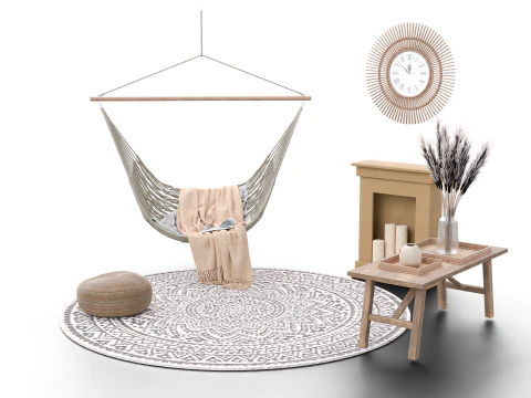 Bohemian Hammock Nook Scene with Fireplace and Natural Decor 3D Model