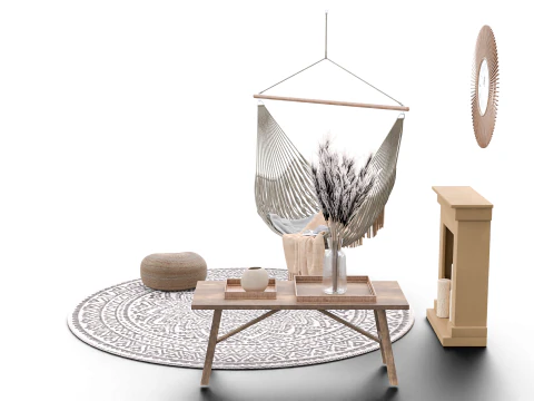 Bohemian Hammock Nook Scene with Fireplace and Natural Decor 3D Model