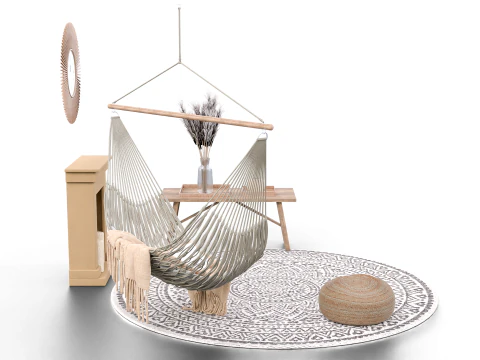 Bohemian Hammock Nook Scene with Fireplace and Natural Decor 3D Model