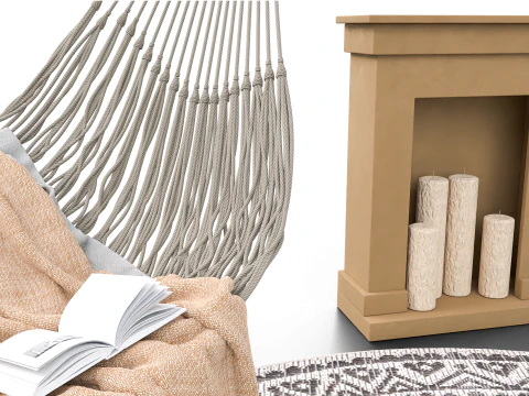 Bohemian Hammock Nook Scene with Fireplace and Natural Decor 3D Model
