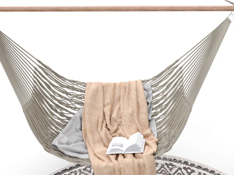 Bohemian Hammock Nook Scene with Fireplace and Natural Decor 3D Model