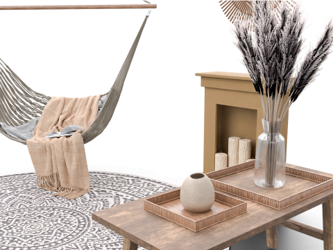Bohemian Hammock Nook Scene with Fireplace and Natural Decor Modello 3D