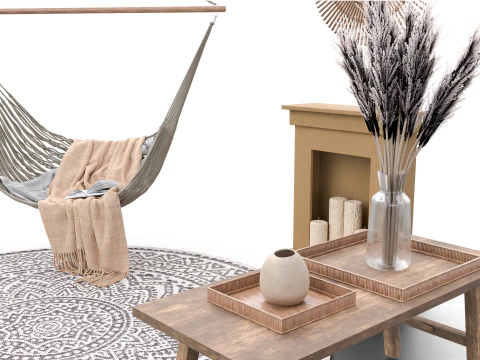 Bohemian Hammock Nook Scene with Fireplace and Natural Decor 3D Model