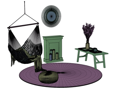 Bohemian Hammock Nook Scene with Fireplace and Natural Decor Modello 3D