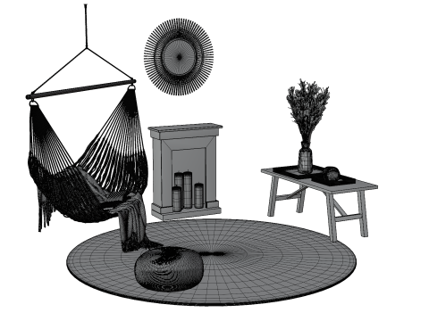 Bohemian Hammock Nook Scene with Fireplace and Natural Decor Modello 3D